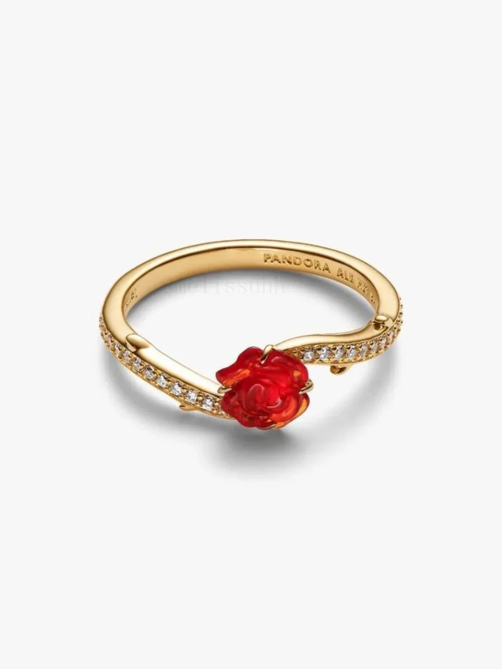 Pandora Gold Ring with Red Rose Center and Pavé Band